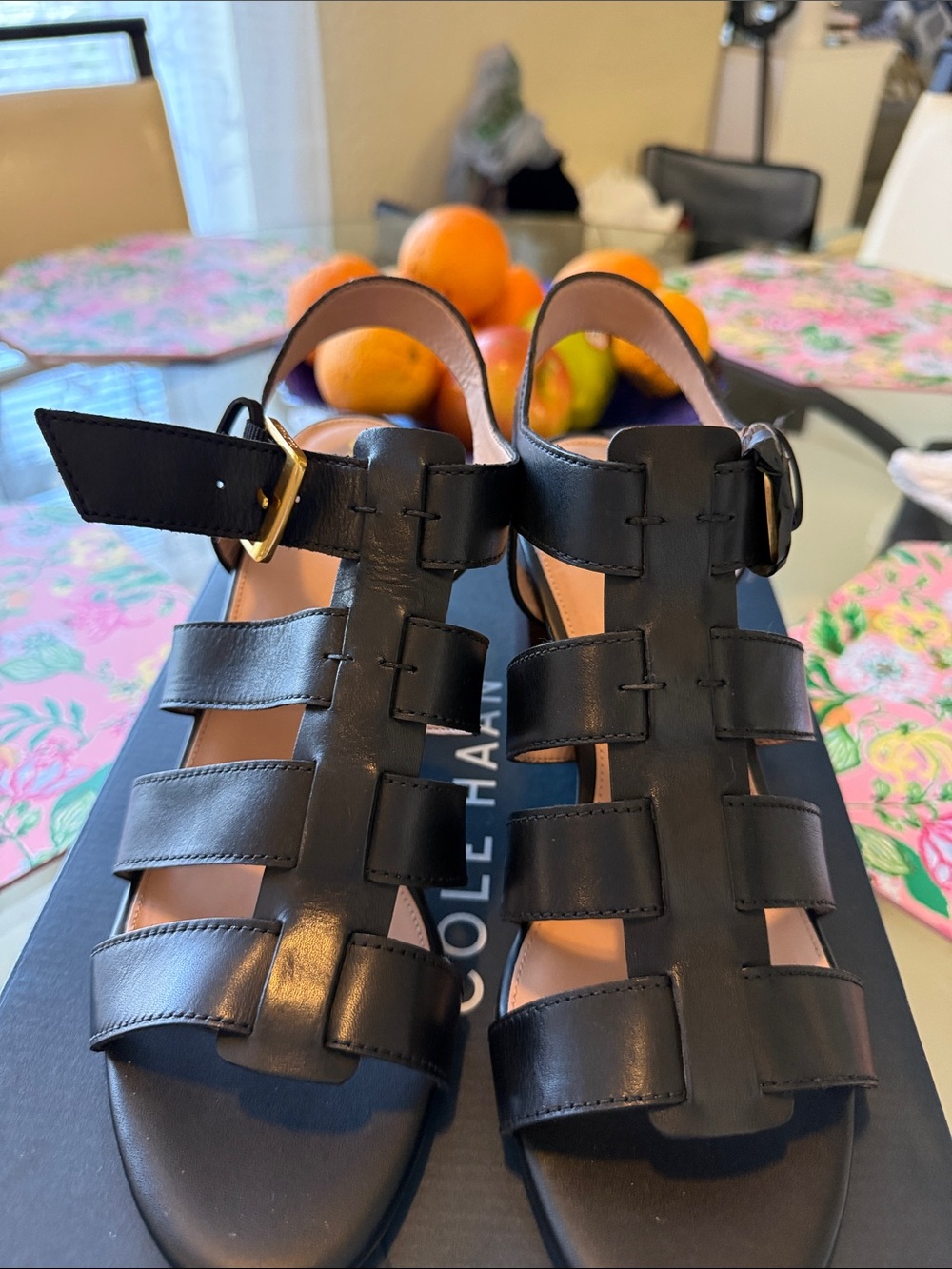 Cole Haan Black Leather Multi-Strap Buckle Sandals